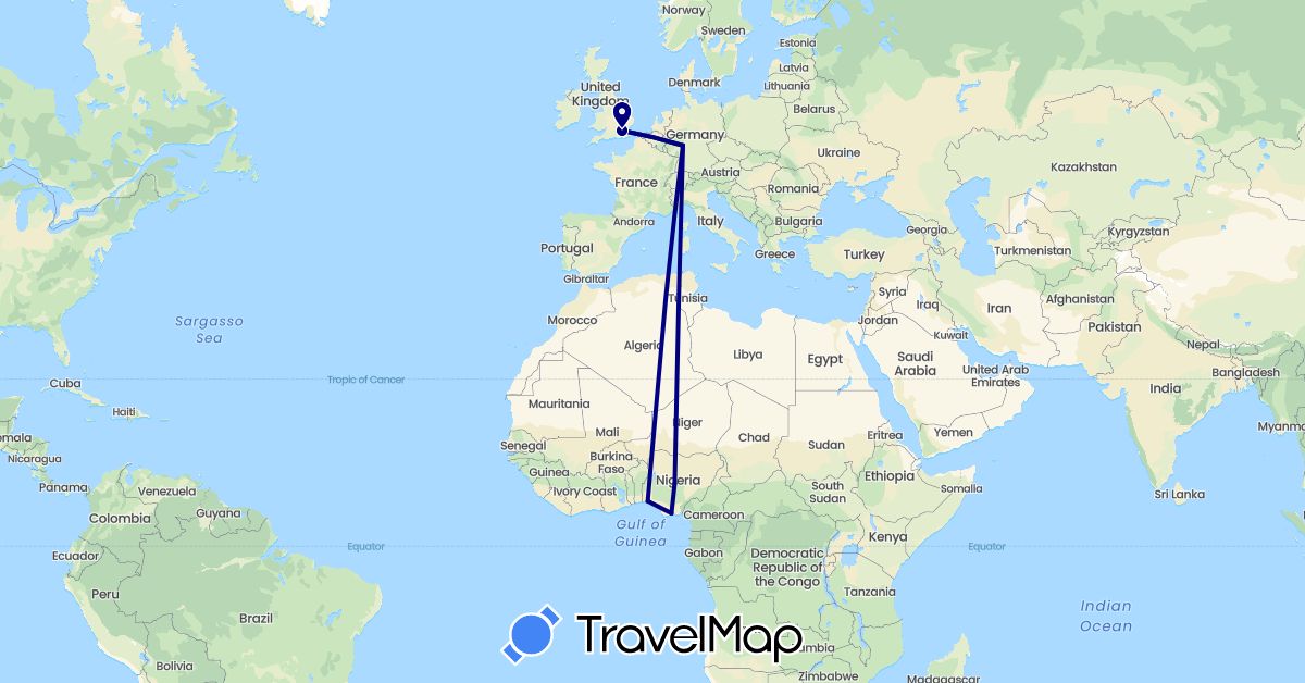 TravelMap itinerary: driving in Germany, United Kingdom, Nigeria (Africa, Europe)